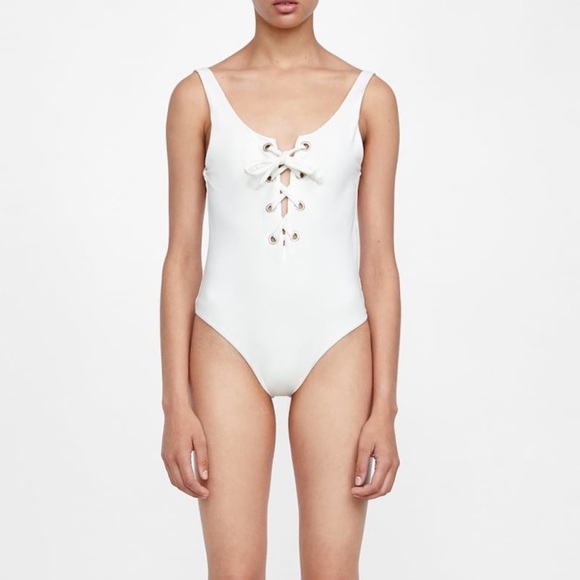 Zara White Lace Up One Piece Swimsuit Low Swoop Back - Picture 4 of 8